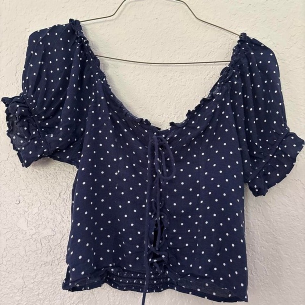 American Eagle navy polka dot corset style top with ruffled sleeves